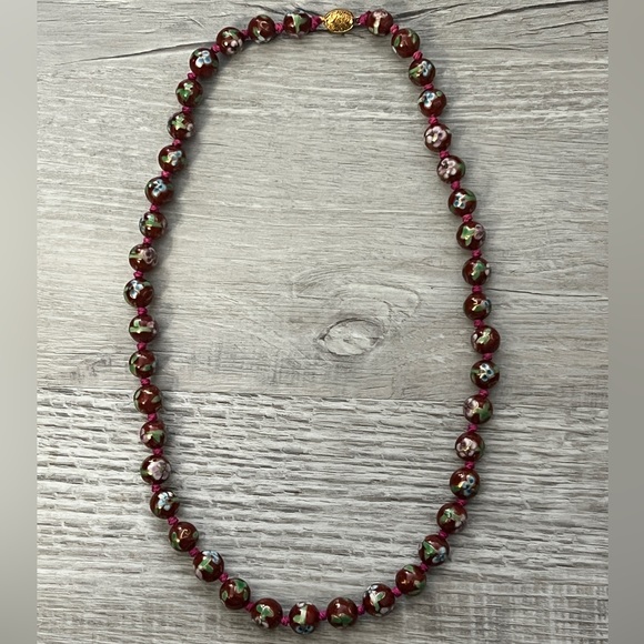 Vintage Chinese Cloisonné Knotted Opera Necklace Glass Lotus Beads 24” - Picture 1 of 7